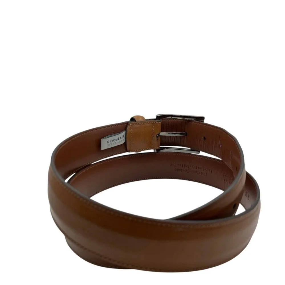 Perry Ellis Portfolio Mens Tan Brown Leather Dress Belt 34 Silver Buckle 1PE2030